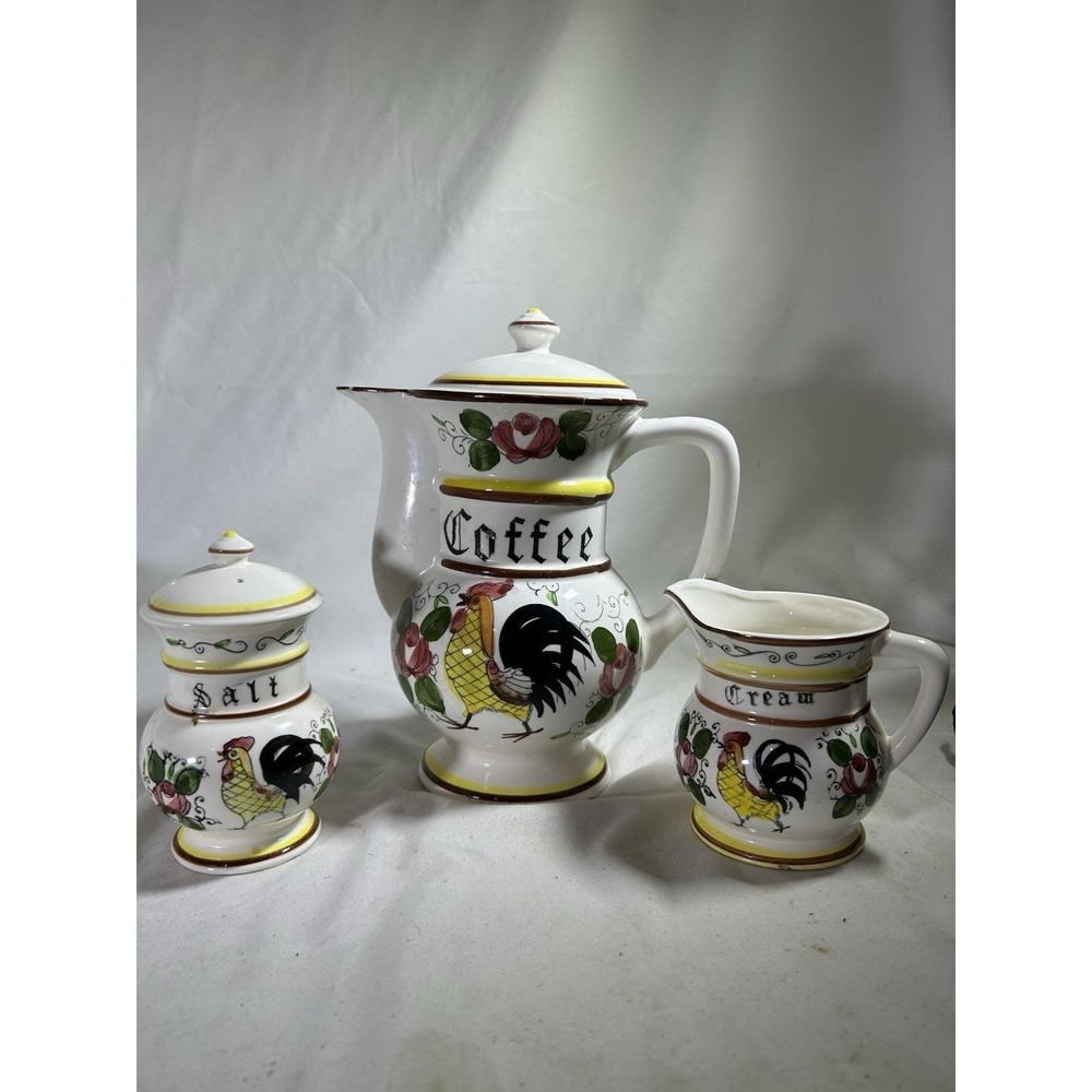VTG Farmhouse Style ACSON Japan Footed Coffee Pot Creamer Salt Rooster & Flower